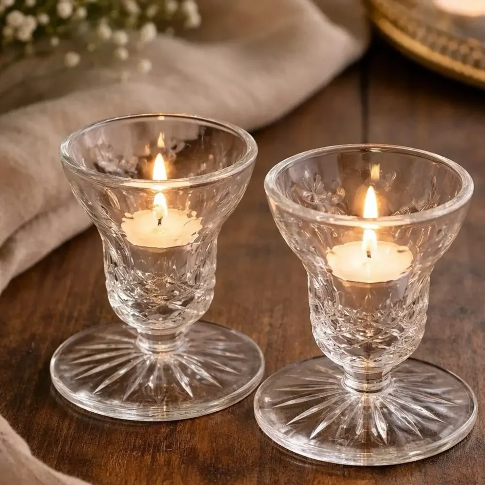 Set of 2 Candle Holders Etched Cut Glass Starburst Base Vintage